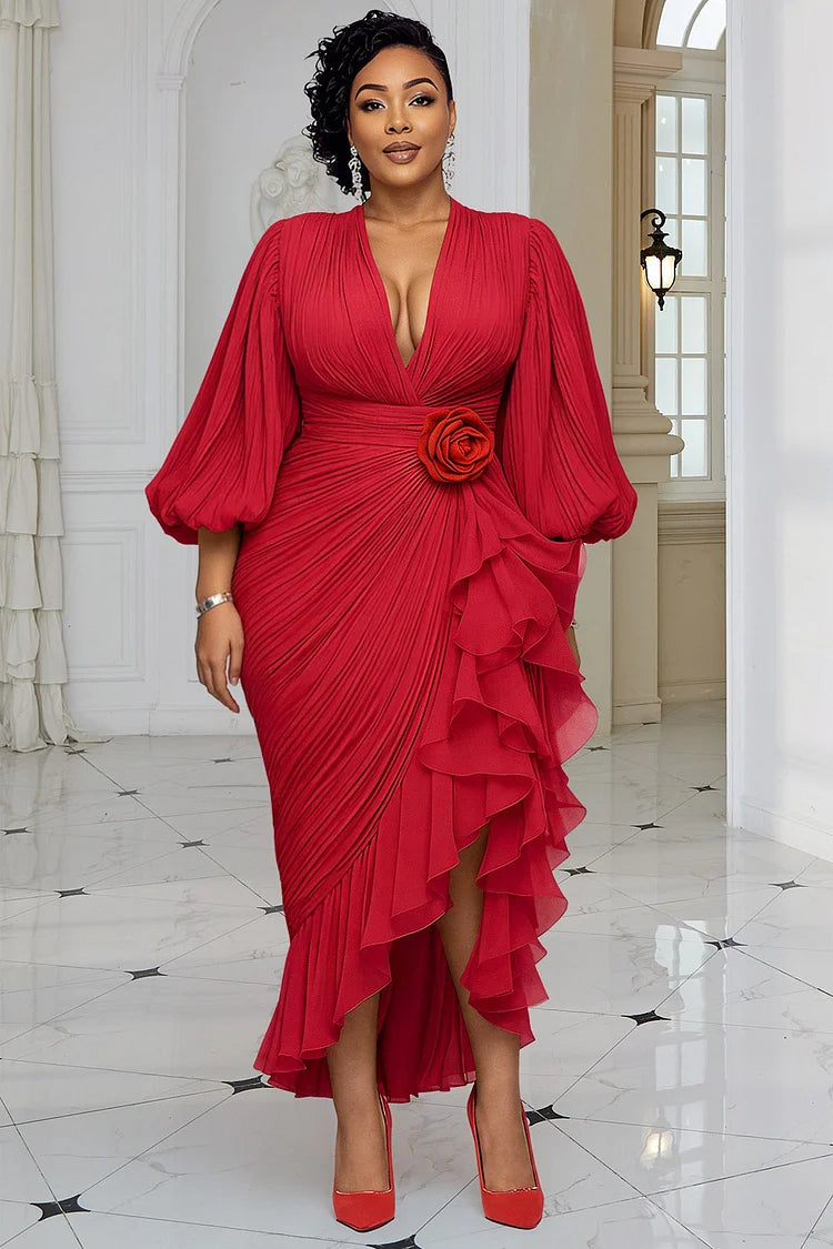 Red V Neck Lantern Sleeve 3/4 Sleeve Ruffle Chiffon Midi Dress