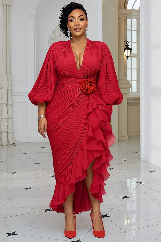 Red V Neck Lantern Sleeve 3/4 Sleeve Ruffle Chiffon Midi Dress