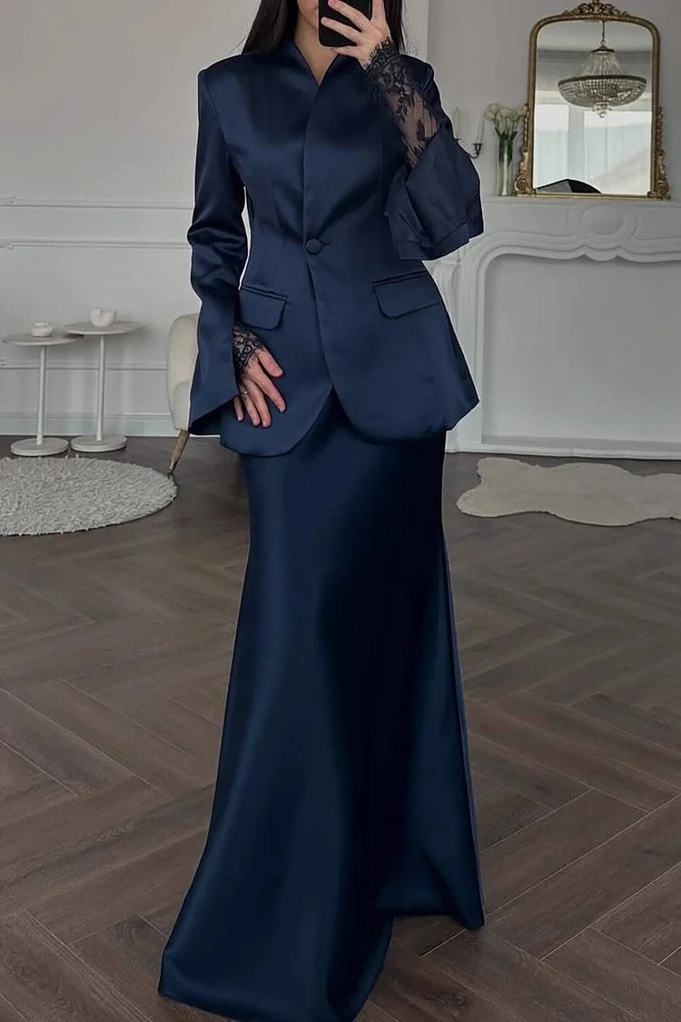 V Neck Slit Long Sleeve Blazer Solid Color Satin Maxi Dress