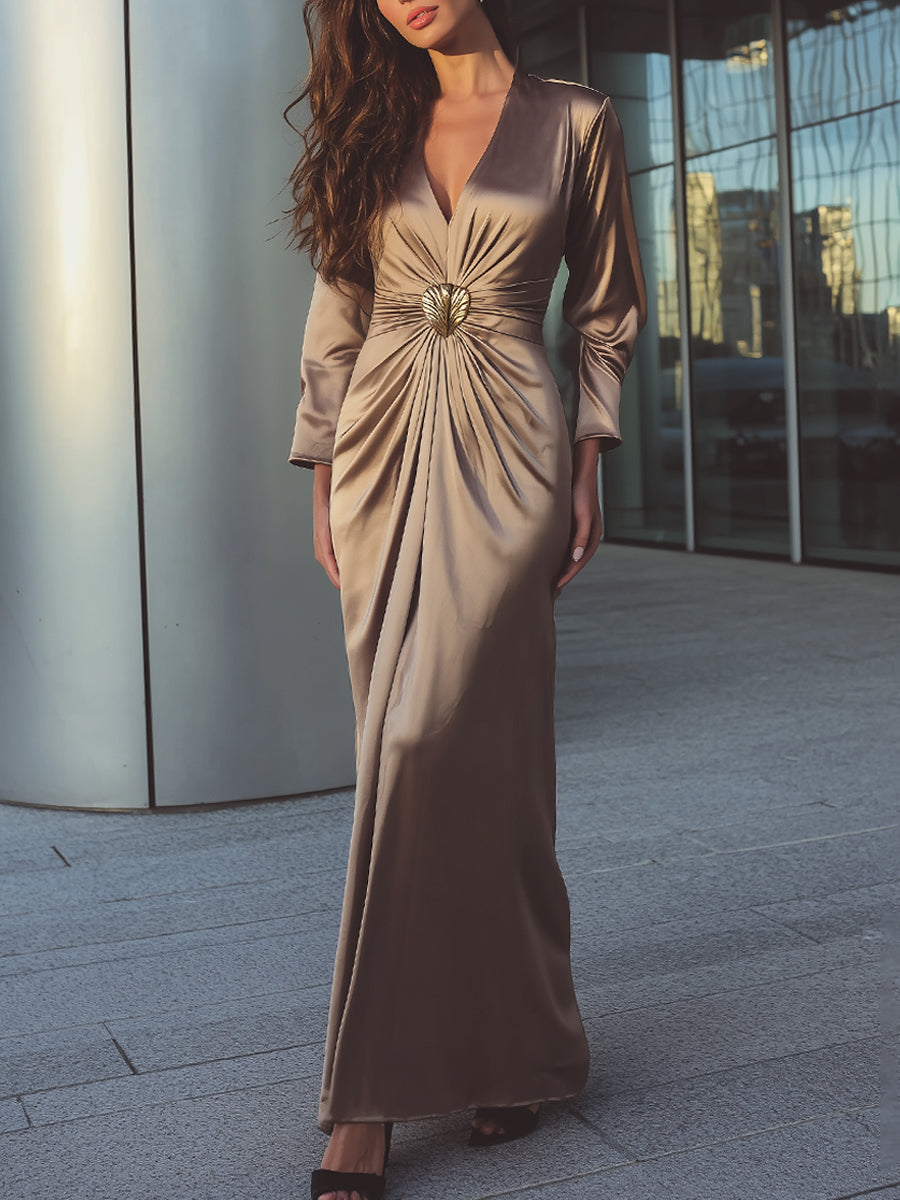 Champagne Gold Satin Maxi Dress With Brooch Detail