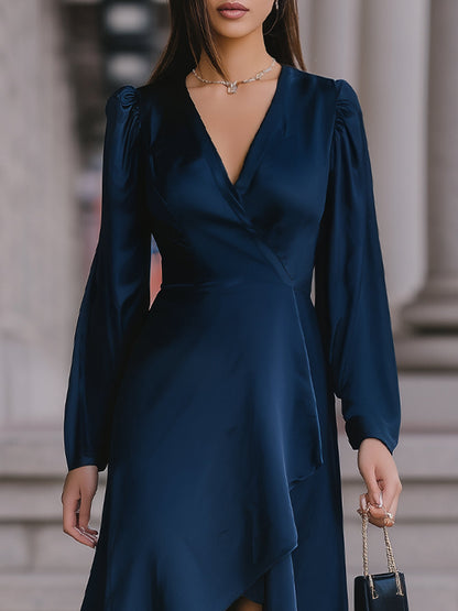 Midnight Elegance: Satin V-Neck Asymmetrical Wrap Dress
