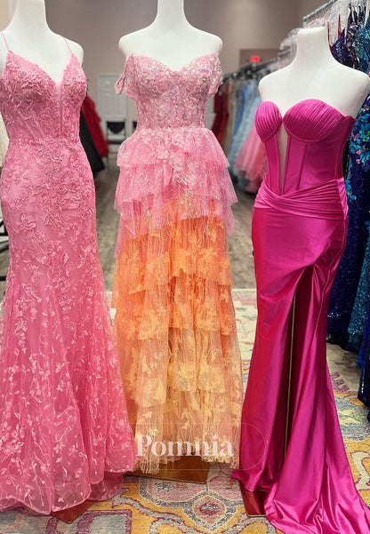 Charming A-Line Sleeveless Strapless Slit Ruffles Lace Prom Dress