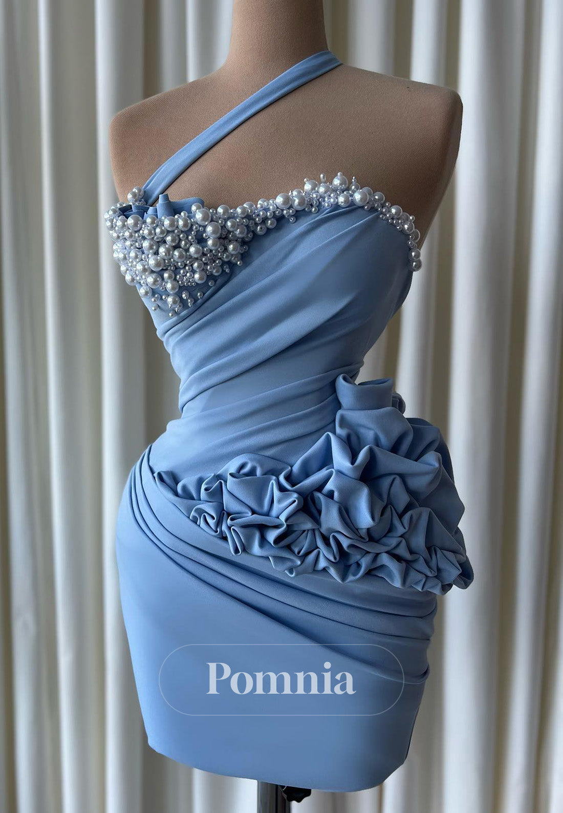 Sky Blue One Shoulder Sleeveless Appliques Pearls Homecoming Dress