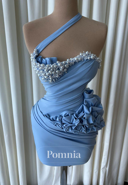 Sky Blue One Shoulder Sleeveless Appliques Pearls Homecoming Dress