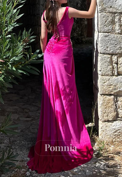 Fuchsia Sleeveless V-Neck Beads Slit Ruched Prom Dress