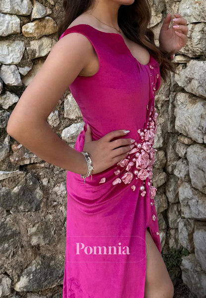 Fuchsia Sleeveless V-Neck Beads Slit Ruched Prom Dress