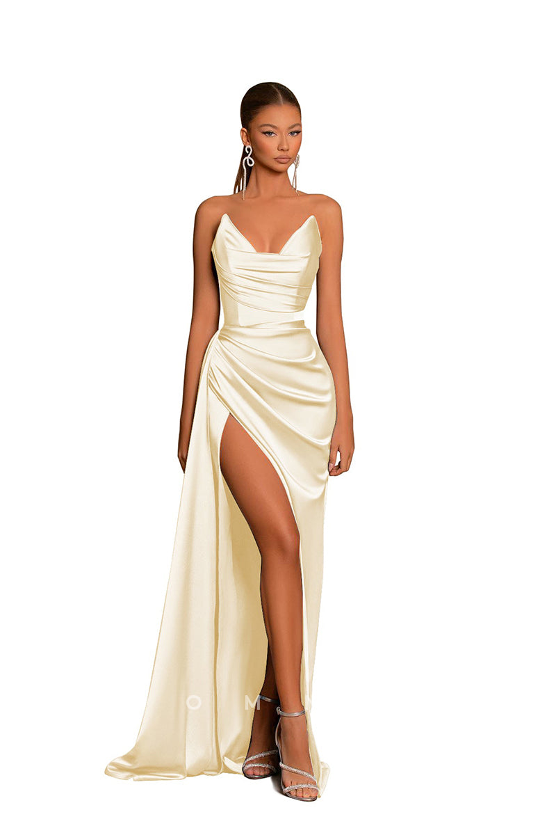 P1227 - Chic Strapless V-Neck Pleats Sleeveless Long Formal Evening Prom Dress with Slit