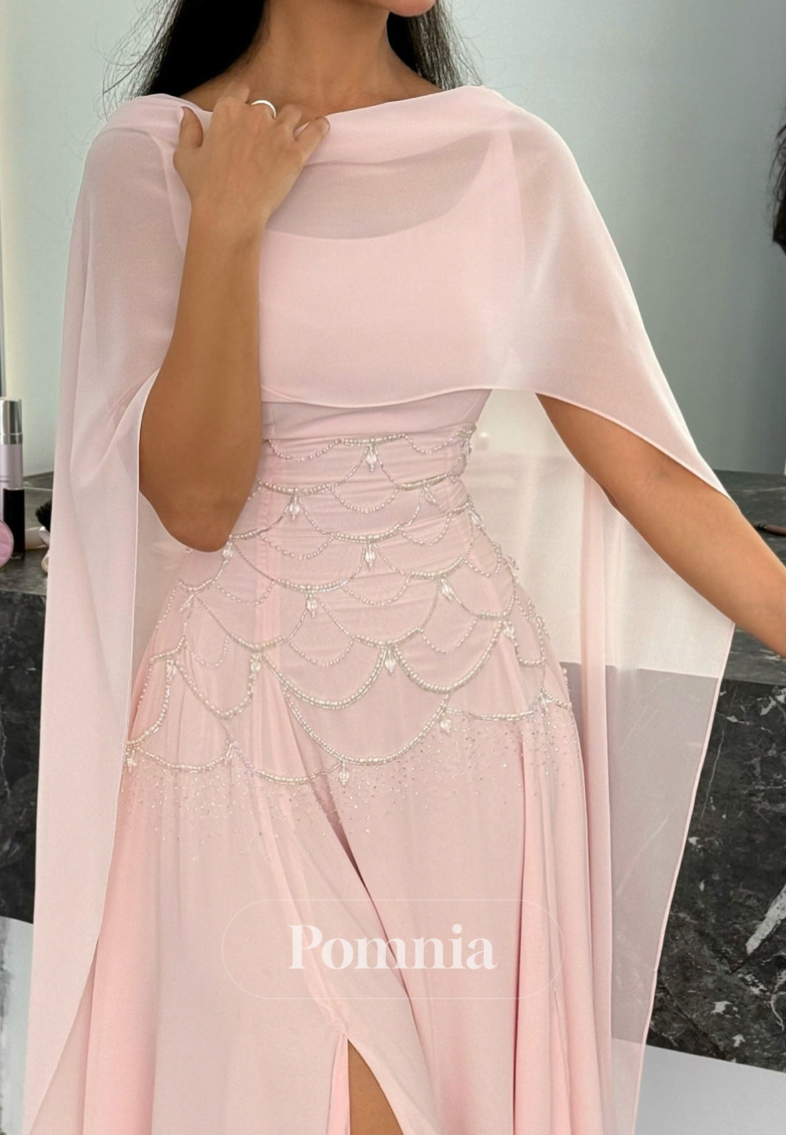 Blushing Pink Cape Empire-Waist A-Line Prom Dress