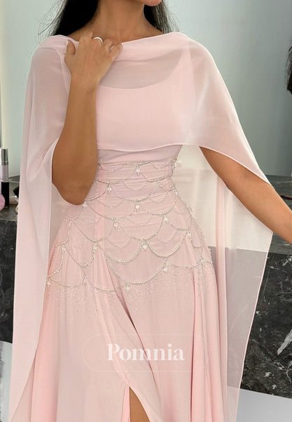 Blushing Pink Cape Empire-Waist A-Line Prom Dress