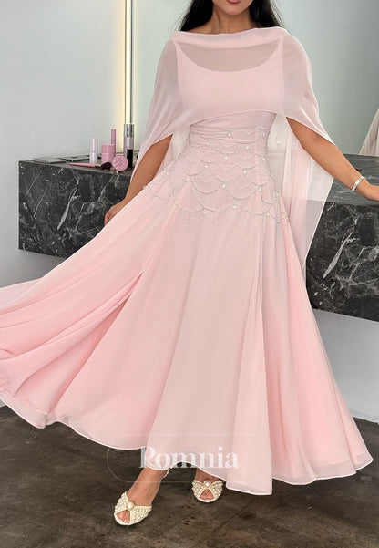 Blushing Pink Cape Empire-Waist A-Line Prom Dress