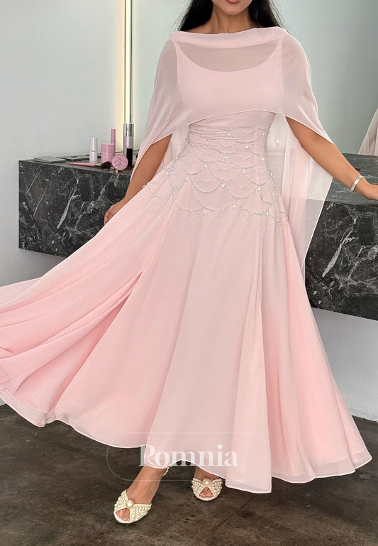 Blushing Pink Cape Empire-Waist A-Line Prom Dress