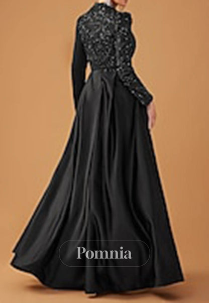Elegant Party Black Dress Long Sleeve Cowl Neck Formal Lace with Sequin