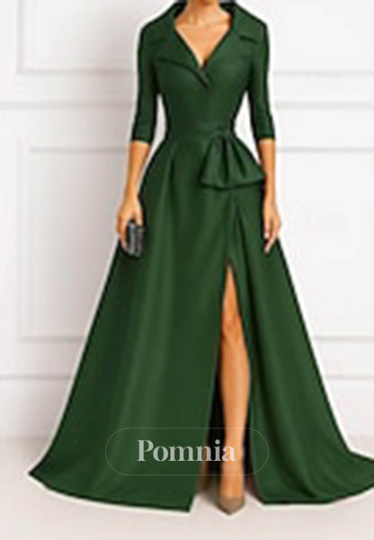 Simple Long Sleeves V-Neck Satin Evening Dress
