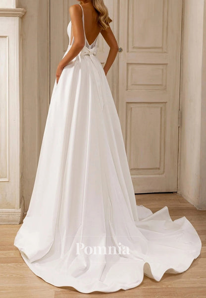 Chic A-Line Plunge Neckline and Flowing Train Satin Wedding Dress