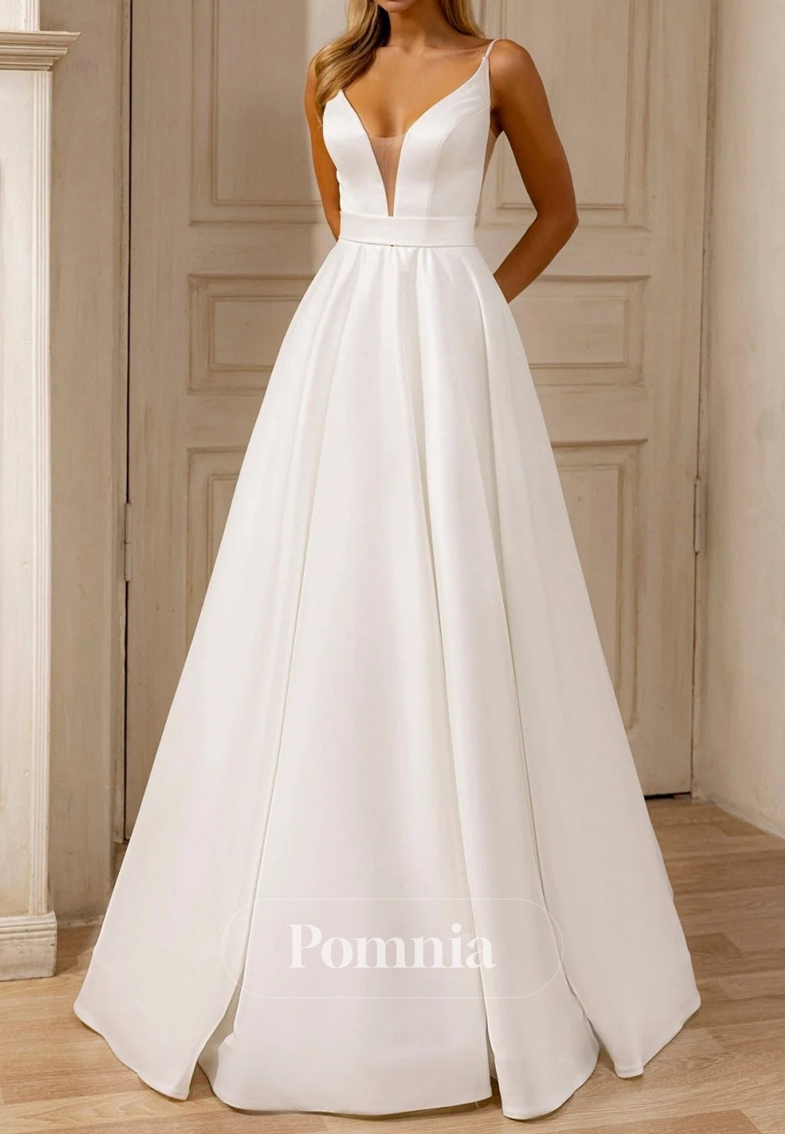 Chic A-Line Plunge Neckline and Flowing Train Satin Wedding Dress