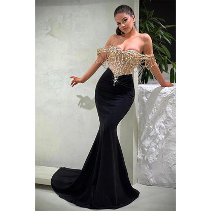 Chic Off-shoulder Velvet Beaded Sheer Long Evening Dress