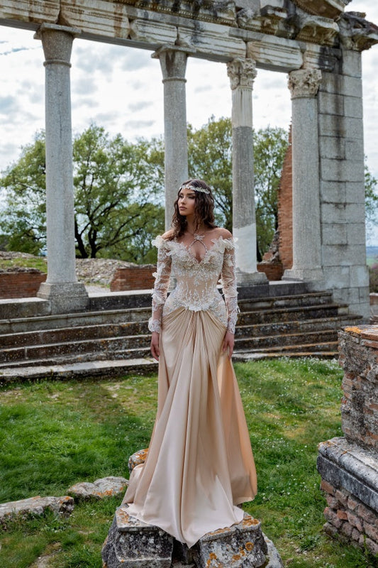 Chic Long Off-the-Shoulder Satin Lace Formal Prom Dresses with Long Sleeves