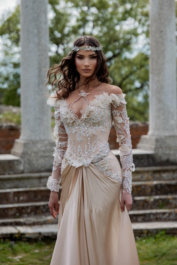 Chic Long Off-the-Shoulder Satin Lace Formal Prom Dresses with Long Sleeves