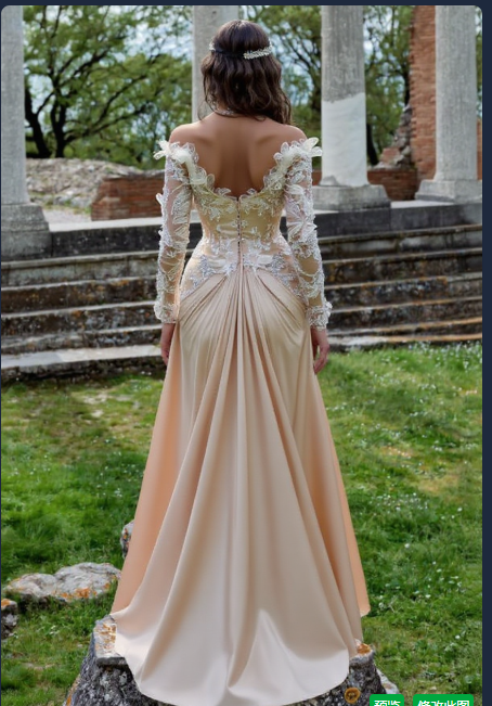 Chic Long Off-the-Shoulder Satin Lace Formal Prom Dresses with Long Sleeves