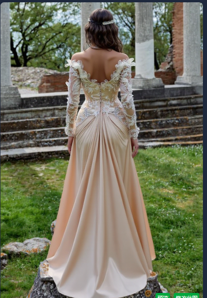 Chic Long Off-the-Shoulder Satin Lace Formal Prom Dresses with Long Sleeves