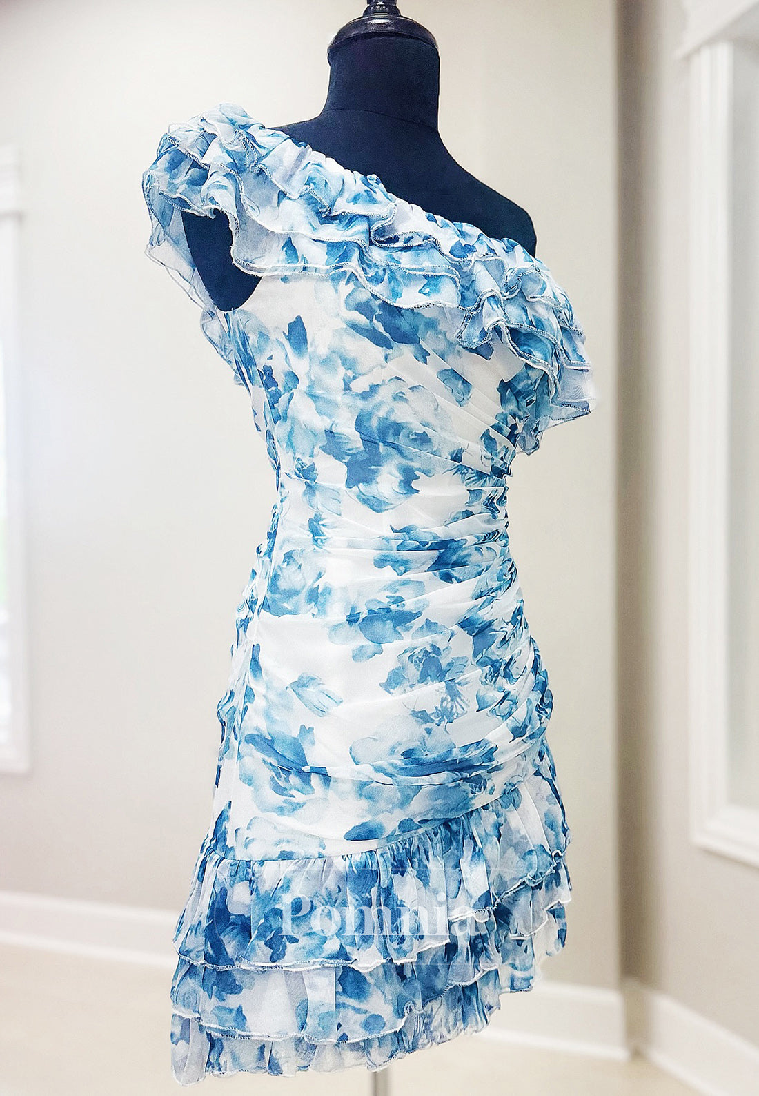 One Shoulder Sleeveless Printed Mini Homecoming Dress