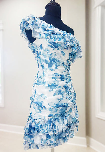 One Shoulder Sleeveless Printed Mini Homecoming Dress