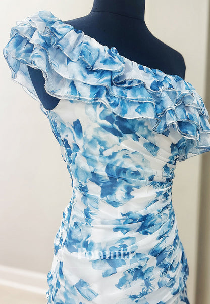 One Shoulder Sleeveless Printed Mini Homecoming Dress