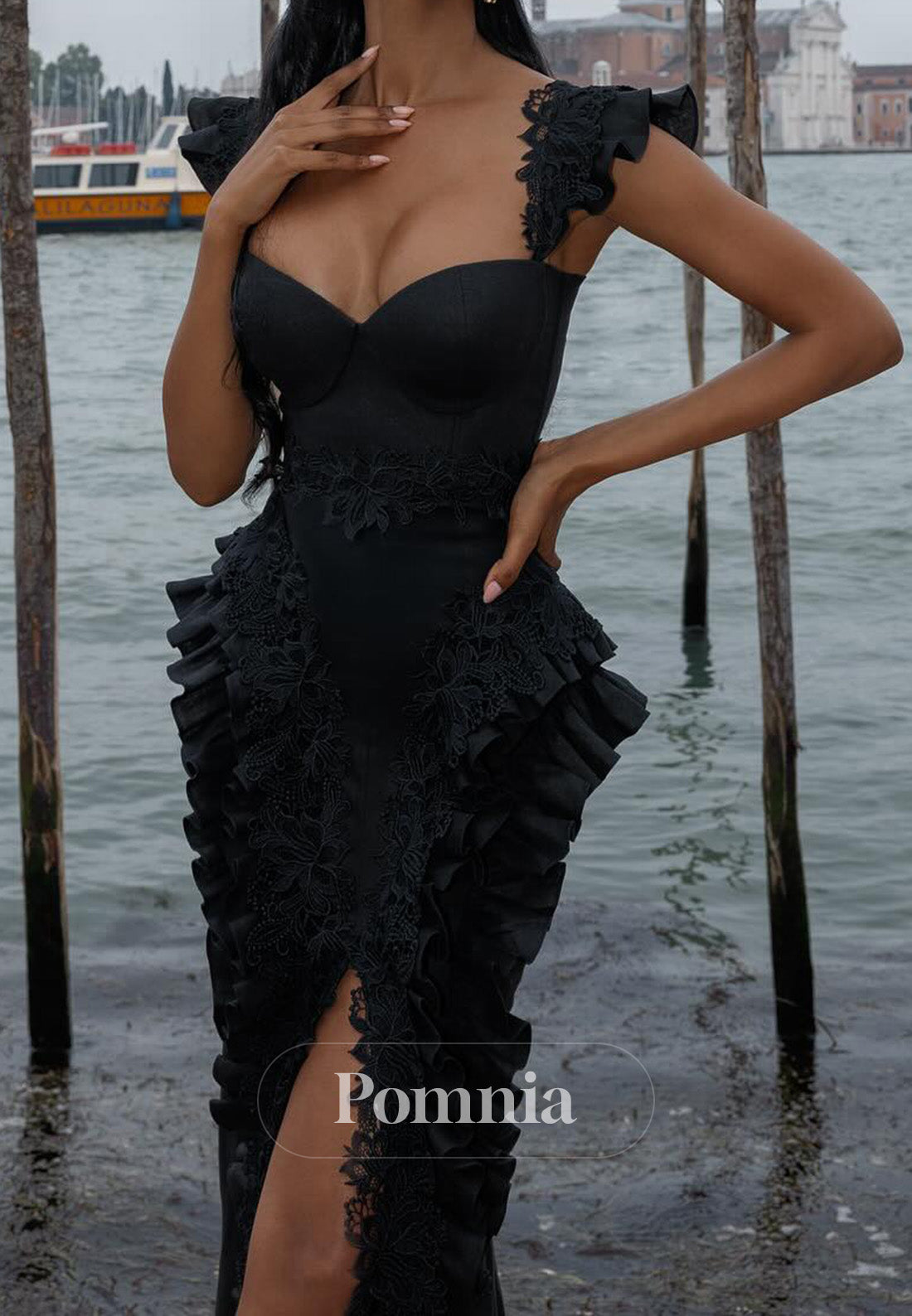 Black Spaghetti Straps Scoop Ruffles Slit Prom Dress