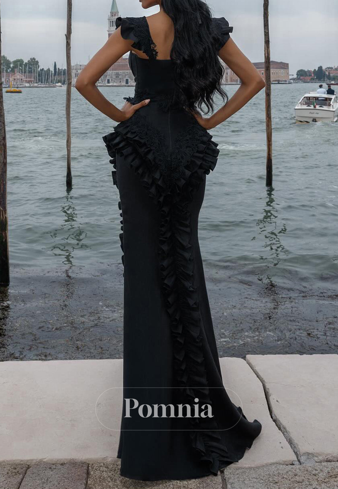 Black Spaghetti Straps Scoop Ruffles Slit Prom Dress