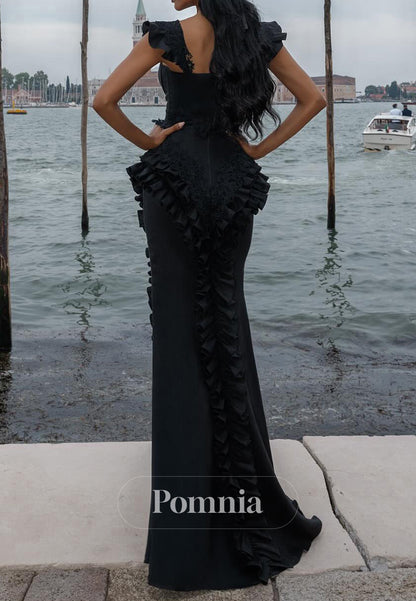 Black Spaghetti Straps Scoop Ruffles Slit Prom Dress