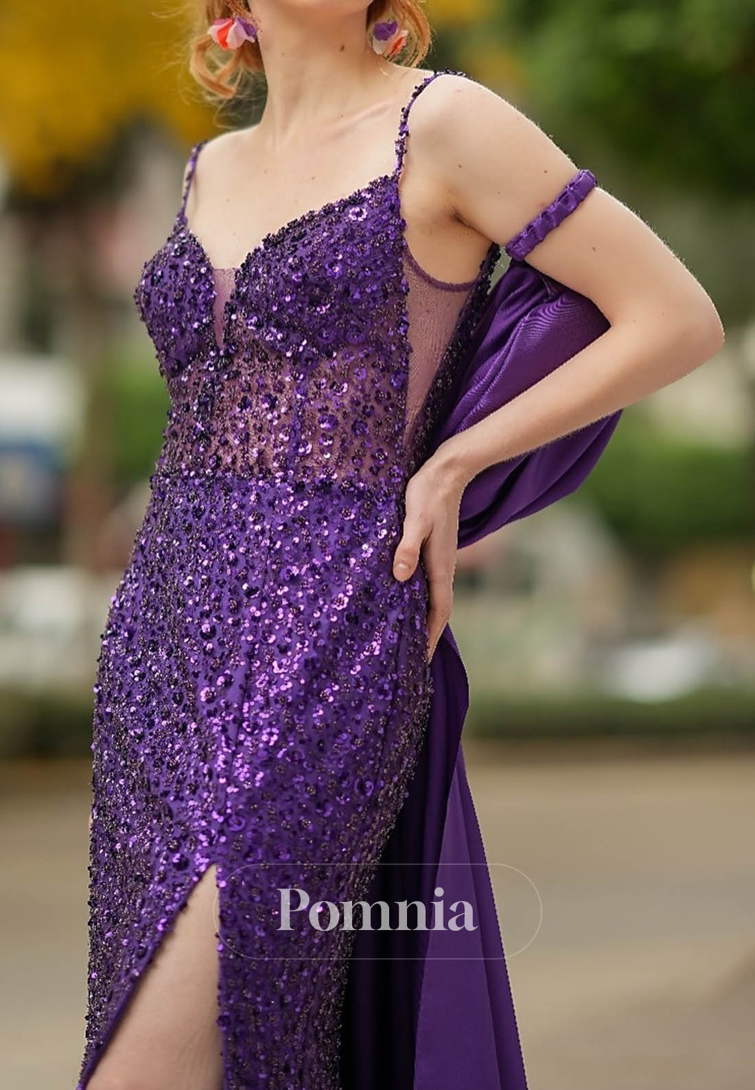 Regency Spaghetti Straps Sweetheart Slit Sequins Prom Dress