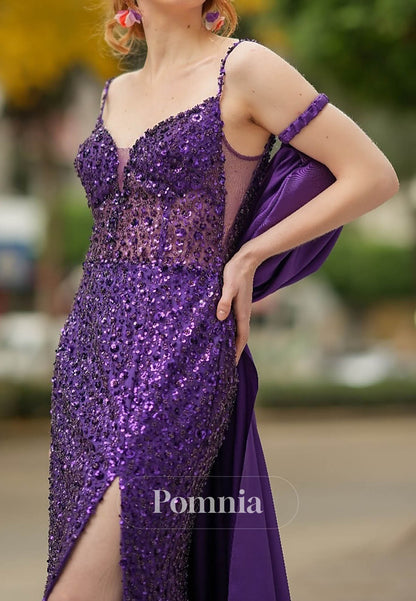 Regency Spaghetti Straps Sweetheart Slit Sequins Prom Dress