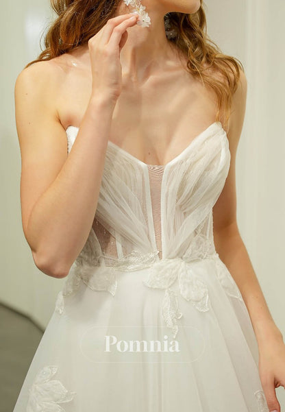 Simple Sleeveless Strapless Floral Appliques Wedding Dress