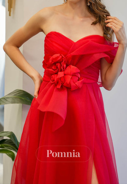 Red One Shoulder Sleeveless Slit A-Line Prom Dress