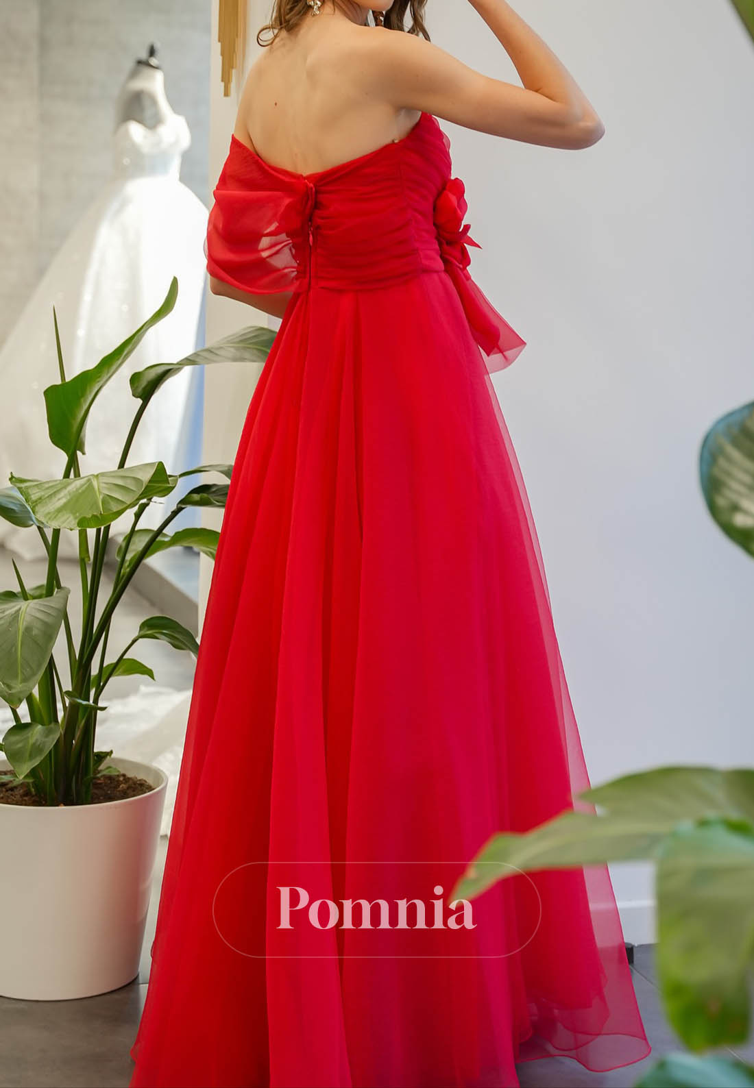 Red One Shoulder Sleeveless Slit A-Line Prom Dress