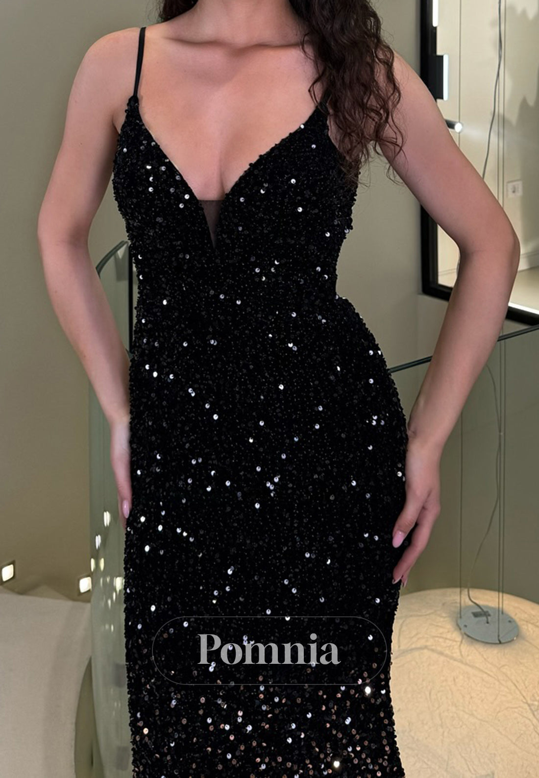 Sparkly Spaghetti Straps V-Neck Sequins Evening Dress