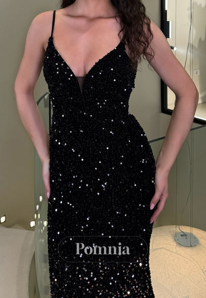 Sparkly Spaghetti Straps V-Neck Sequins Evening Dress