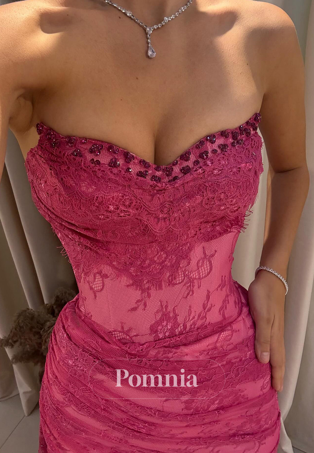 Candy Pink Sleeveless Strapless Slit Prom Dress