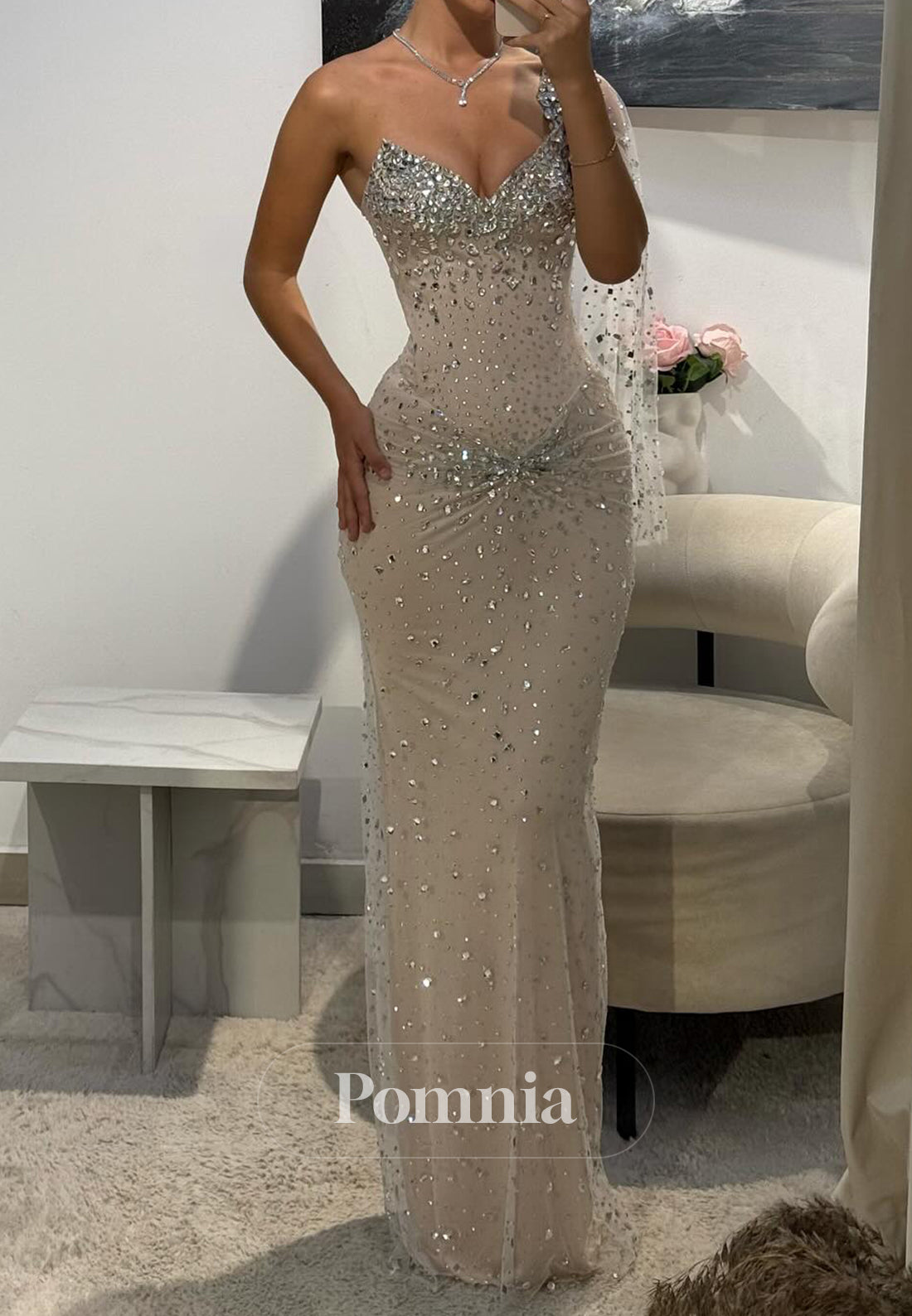 Sparkly One Shoulder Sleeveless Beads Prom Dress