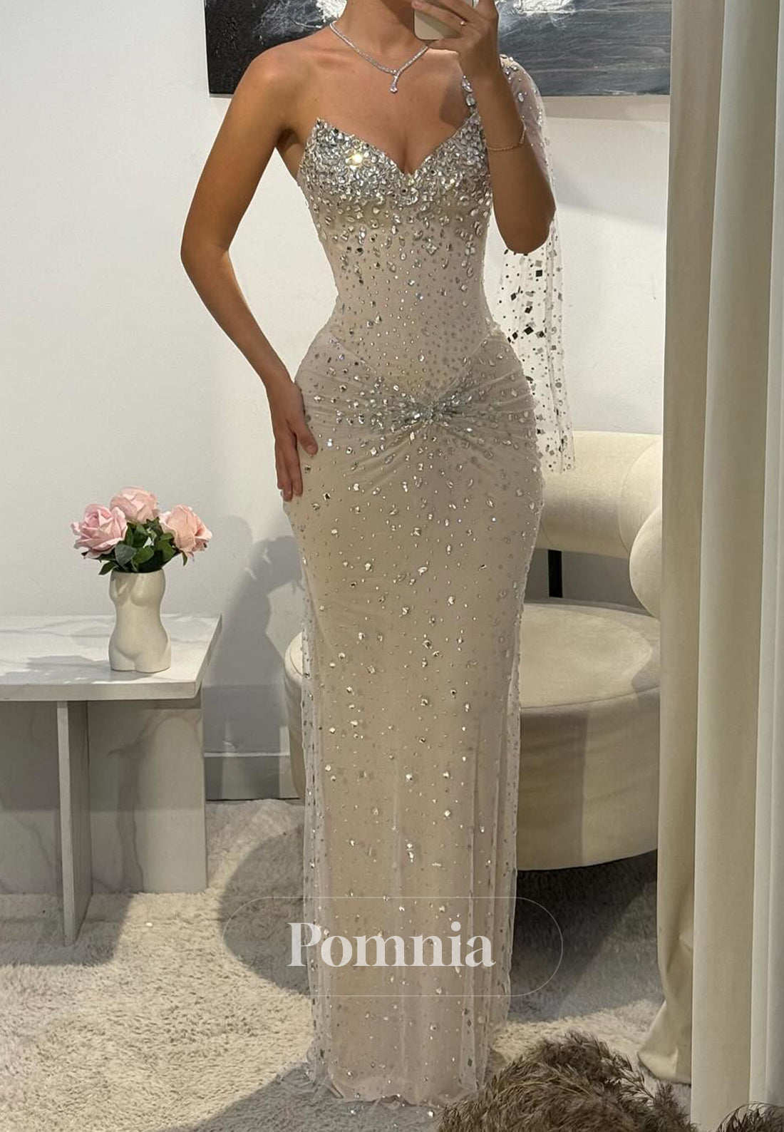 Sparkly One Shoulder Sleeveless Beads Prom Dress
