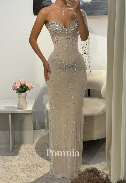 Sparkly One Shoulder Sleeveless Beads Prom Dress