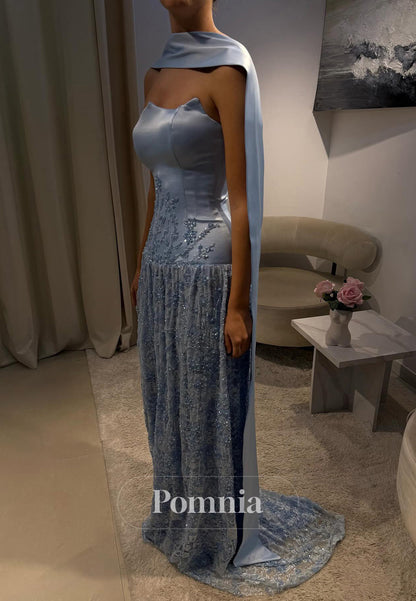 Sky Blue Sleeveless Strapless A-Line Sequins Prom Dress