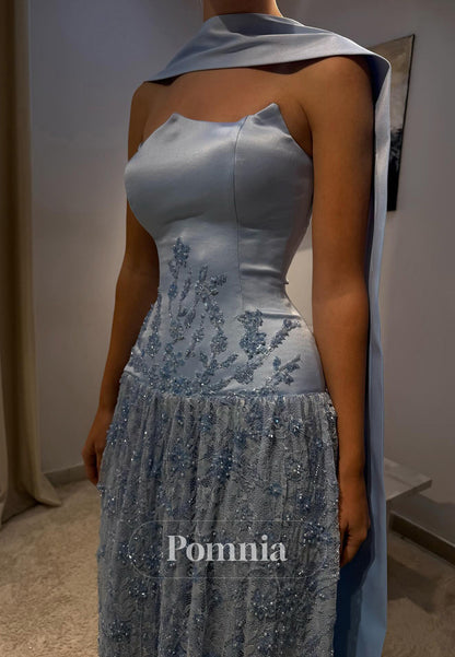 Sky Blue Sleeveless Strapless A-Line Sequins Prom Dress