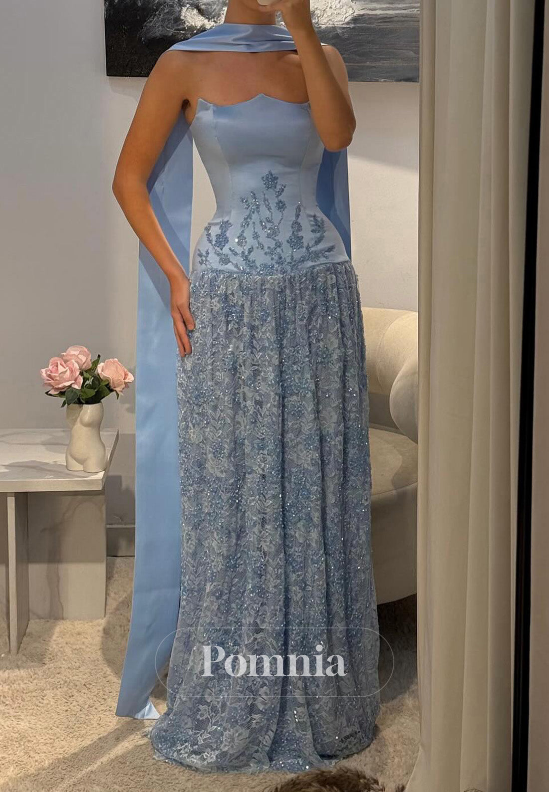 Sky Blue Sleeveless Strapless A-Line Sequins Prom Dress