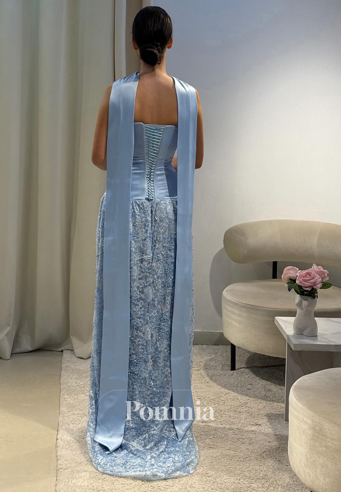 Sky Blue Sleeveless Strapless A-Line Sequins Prom Dress