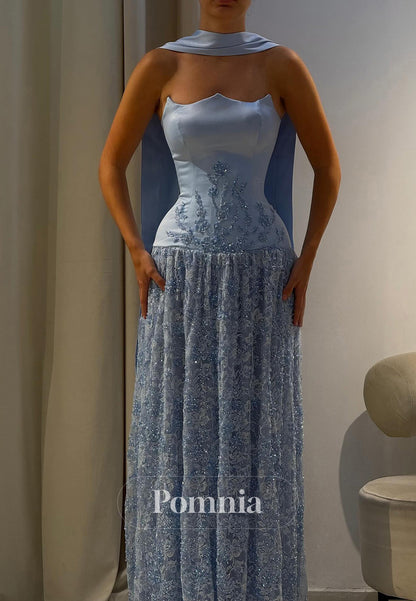 Sky Blue Sleeveless Strapless A-Line Sequins Prom Dress