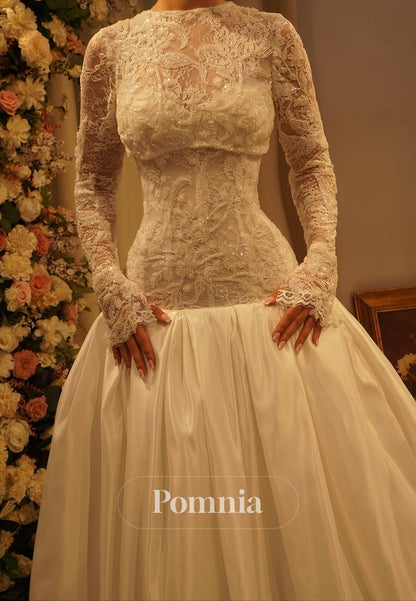 Elegant Long Sleeves Scoop Corset Tulle A-Line Wedding Dress