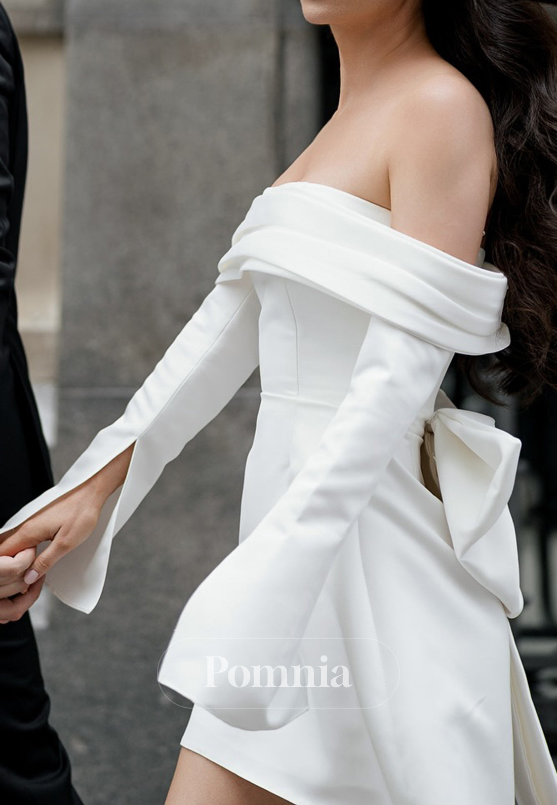 Long Sleeves Off-Shoulder Bowknot Civil Wedding Dress