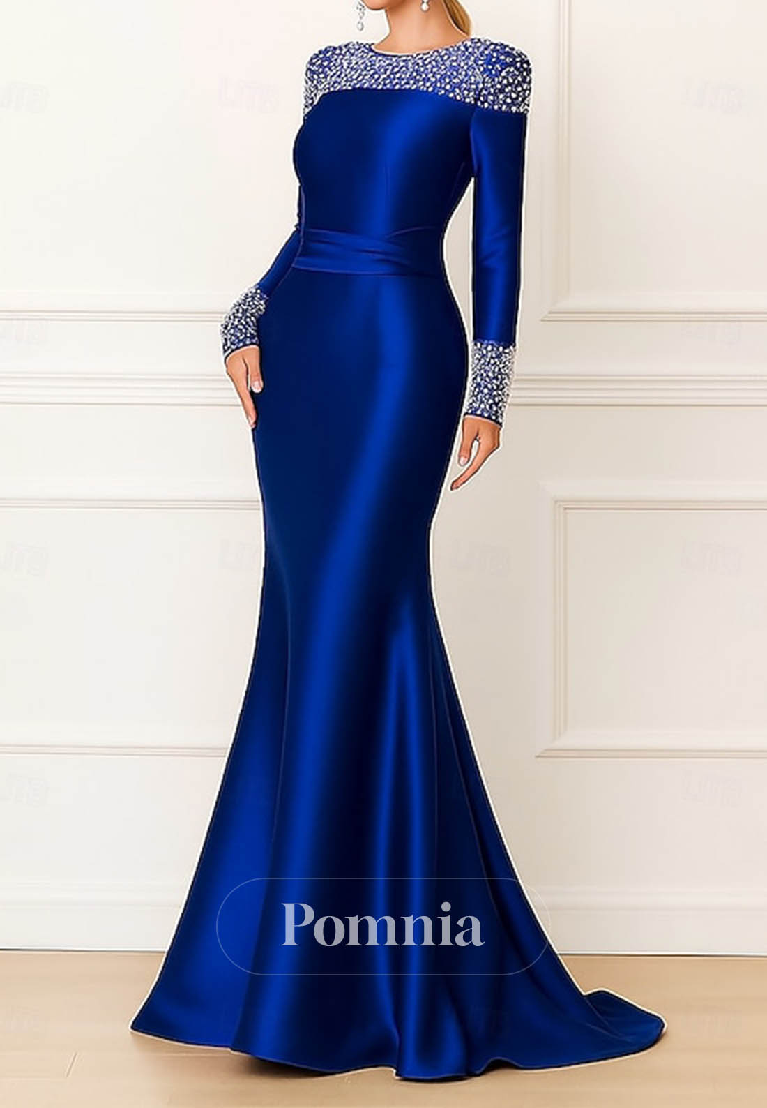 Long Sleeves Sequins Scoop Mermaid Satin Evening Dress