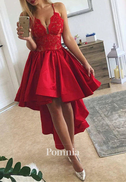 Cute Red High Low A-Line Lace V-Neck Homecoming Dress